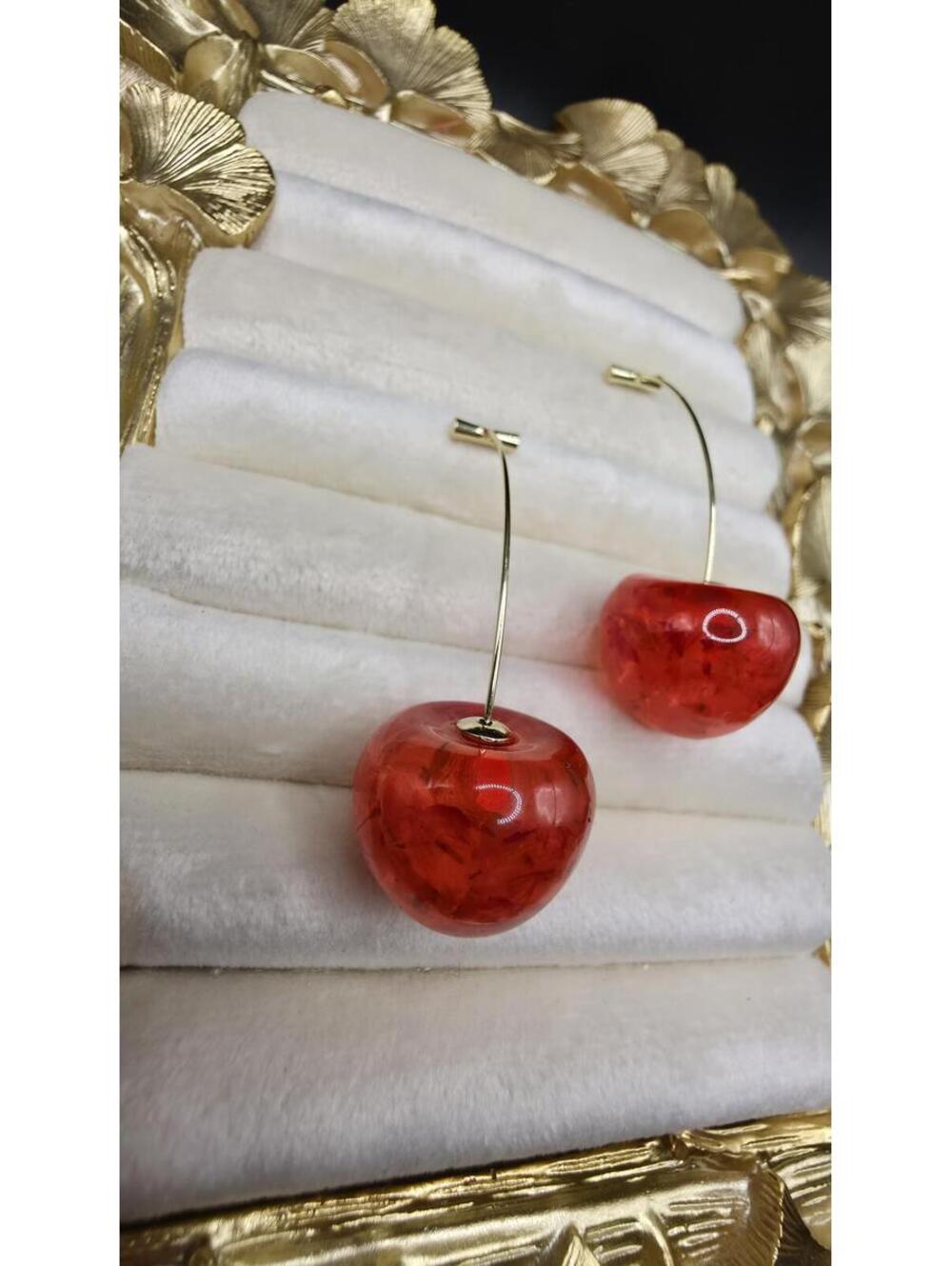 Red Resin Drop Earrings with Gold-Tone Curved Wire